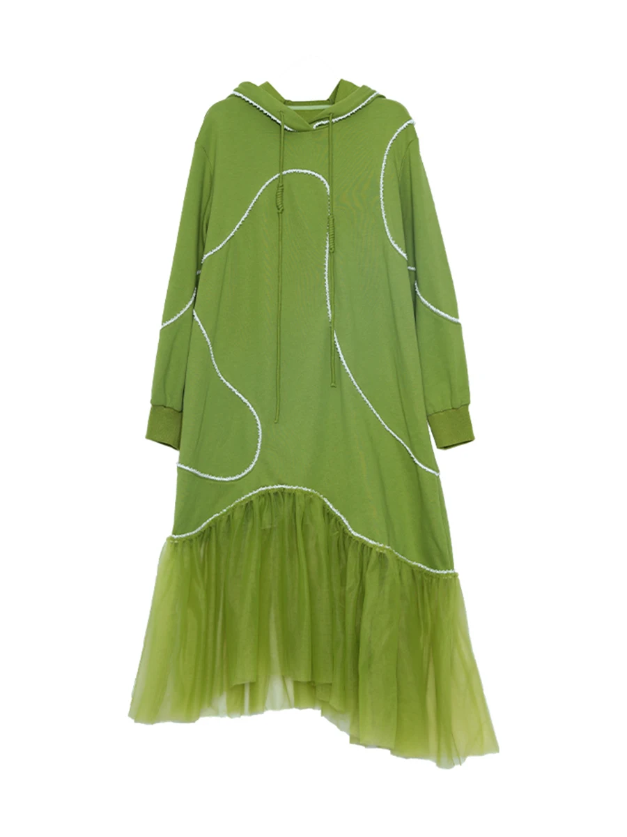 

IRINACH325 Spring Summer 2021 Original Design Green Mesh Patchwork Long Hoodie Dress Women