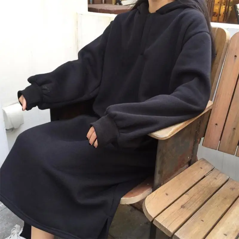 Женское осенне зимнее платье с длинным рукавом однотонное свободное флисовое
