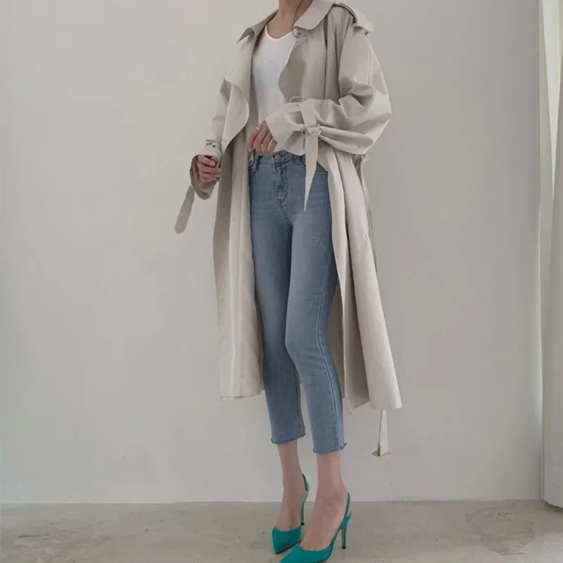 

Autumn Winter Elegant Double Breasted Women Long Trench Coats Long Sleeve Loose Belted Split Female Blue Windbreaker