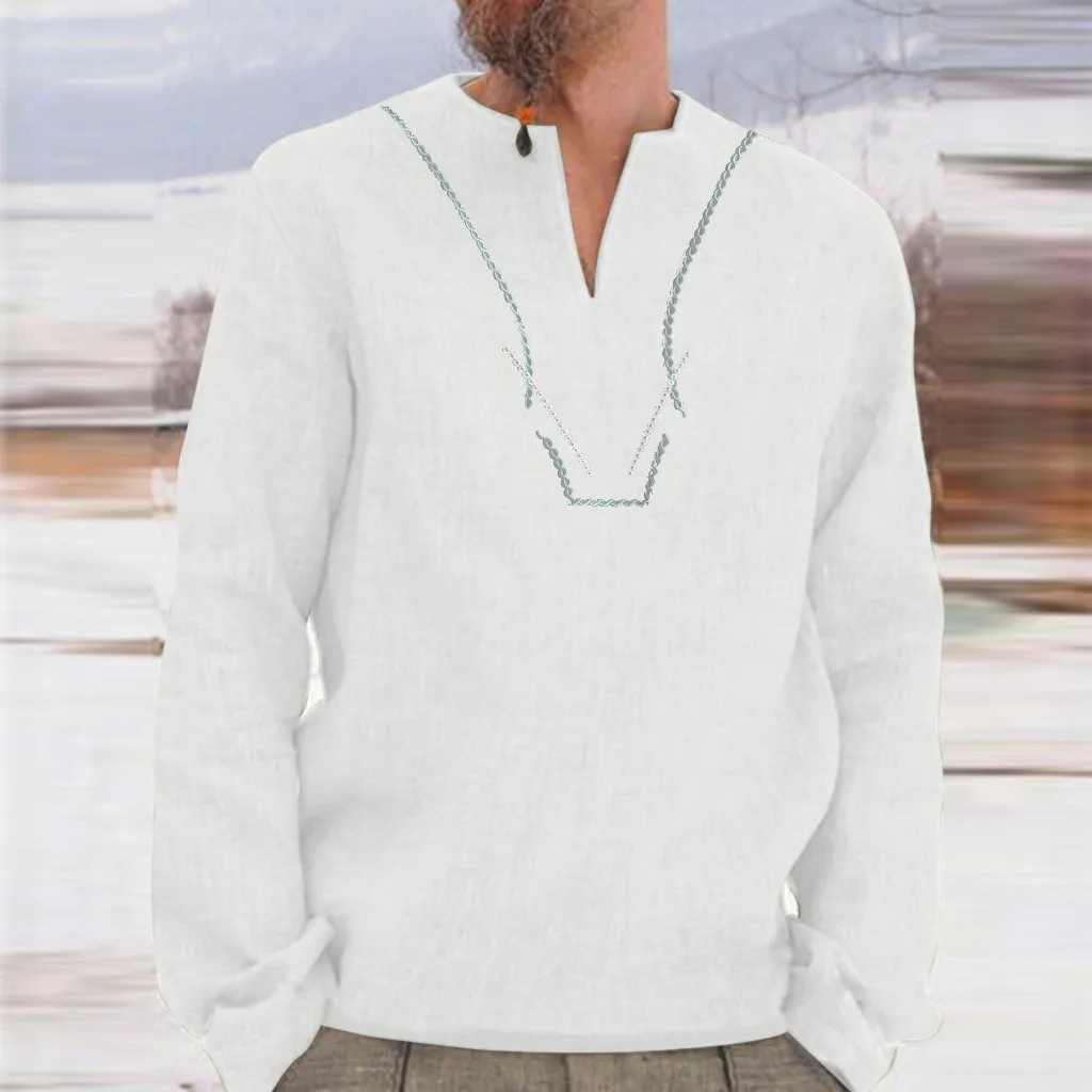 Мужские Мешковатые Ретро хлопковые однотонные рубашки с вышивкой длинным