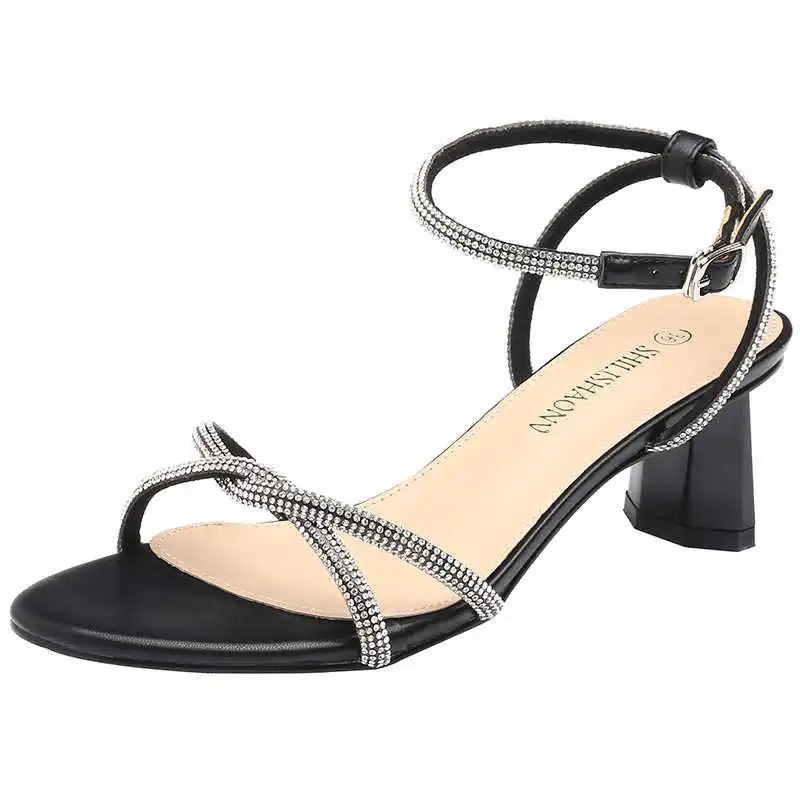 

2021 summer new Korean one button Rhinestone thick heel fashion sandals peep toe fairy style high heel sandals