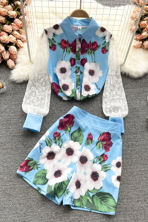 

Ladies temperament suit women's summer design sense of lace long sleeves contrast stitching printed shirt + wide-leg shorts tide
