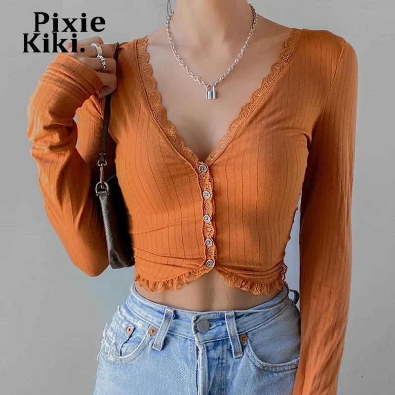 

PixieKiki Y2k Lace Trim Fitted Long Sleeve Crop Top Cardigan Knitwear 2022 Fashion Sexy V Neck Button Up T Shirts P84-BH17