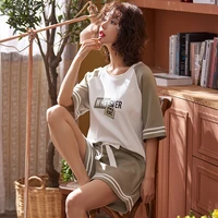 2021 new cotton pajamas womens summer nightwear short sleeve shorts casual pullover home suit sleepwear round neck thin