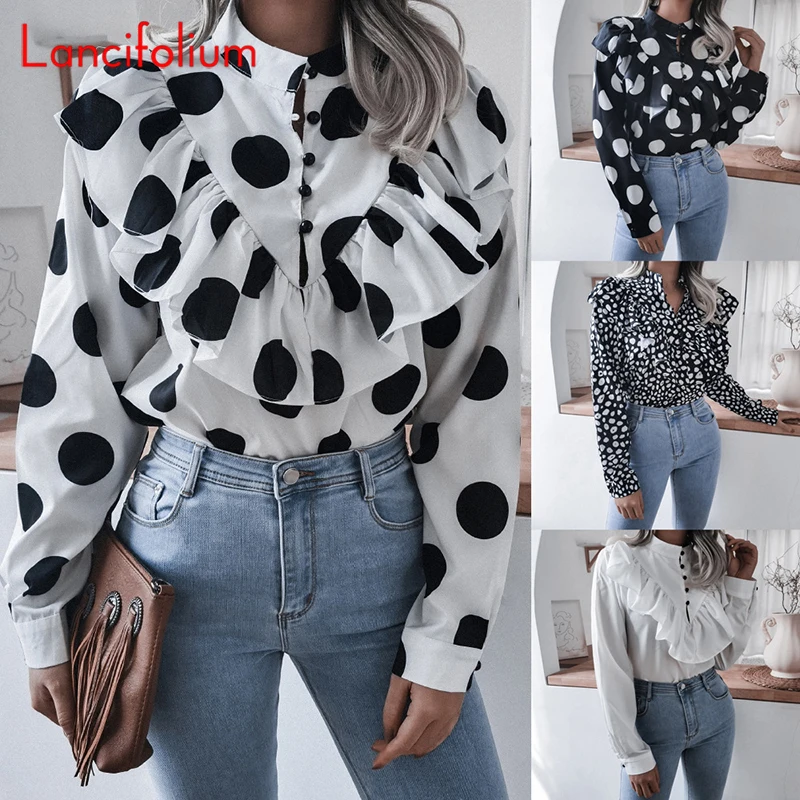 

Summer White Black Polka Dot Ladies Chiffon Ruffle Mock Neck Long Sleeve Top Blouses 2021 Korean Fashion Women Vintage Shirt