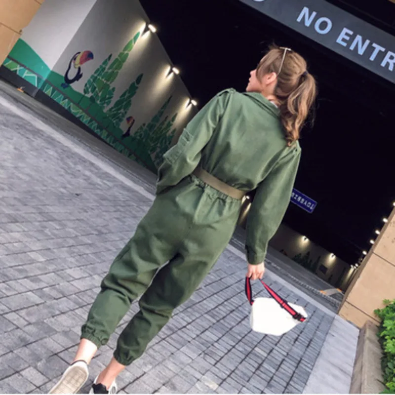 Women Vintage Workwear Slim Jeans Jumpsuit High Waist Street Wear belt Romper Army Green Denim Overalls Cowboy Work Suit