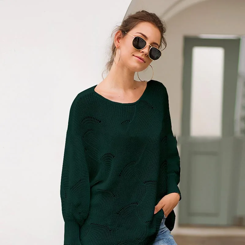 Свободный женский Зимний вязаный свитер с вырезами пуловер круглым вырезом и