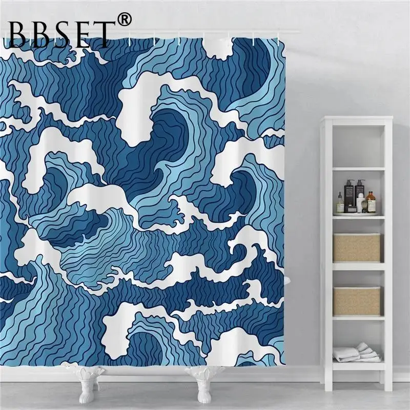 

Japanese Style Shower Curtain Hand Drawn Blue Waves Pattern Waterproof Multi-size Douchegordijn Bathroom Decor Witn 12 Hooks