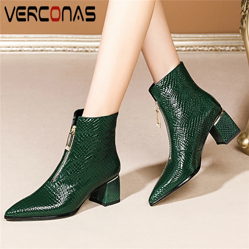 

VERCONAS Fashion Concise Women Ankle Boots Genuine Leather Shoes Woman Autumn Winter High Heels Front Zipper Working Short Boots