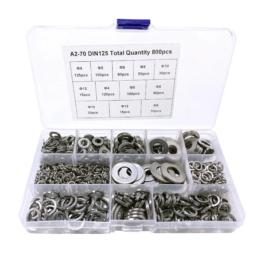 

800pcs M4-M12 Assortment Flat Washers Kits Plain Gasket Spacers Screw Bolt Fastener Stainless Steel Gaskets Spring Washers Kit