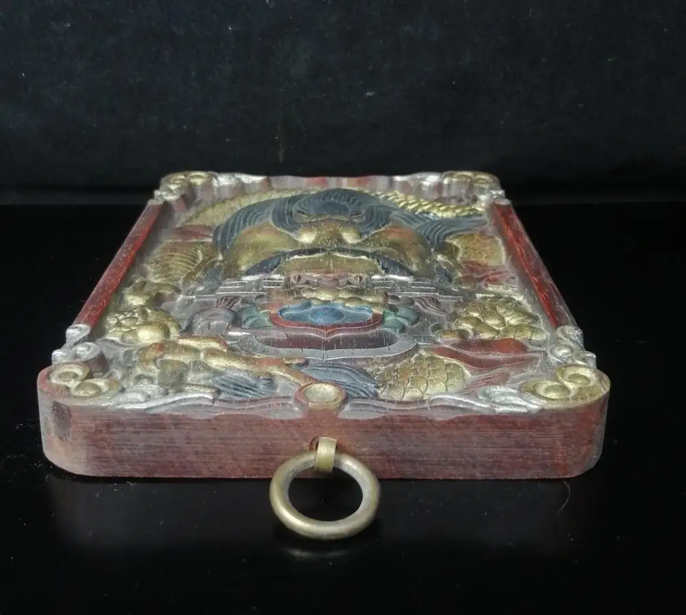 

wedding decoration China wealth auspicious Mahogany Thangka Buddha Plate Hand Carved Guan Gong head Panlong Tag hanging screen