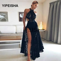 2021 sexy halter see through evening dress lace appliques high split on both sides of front backless prom party gown