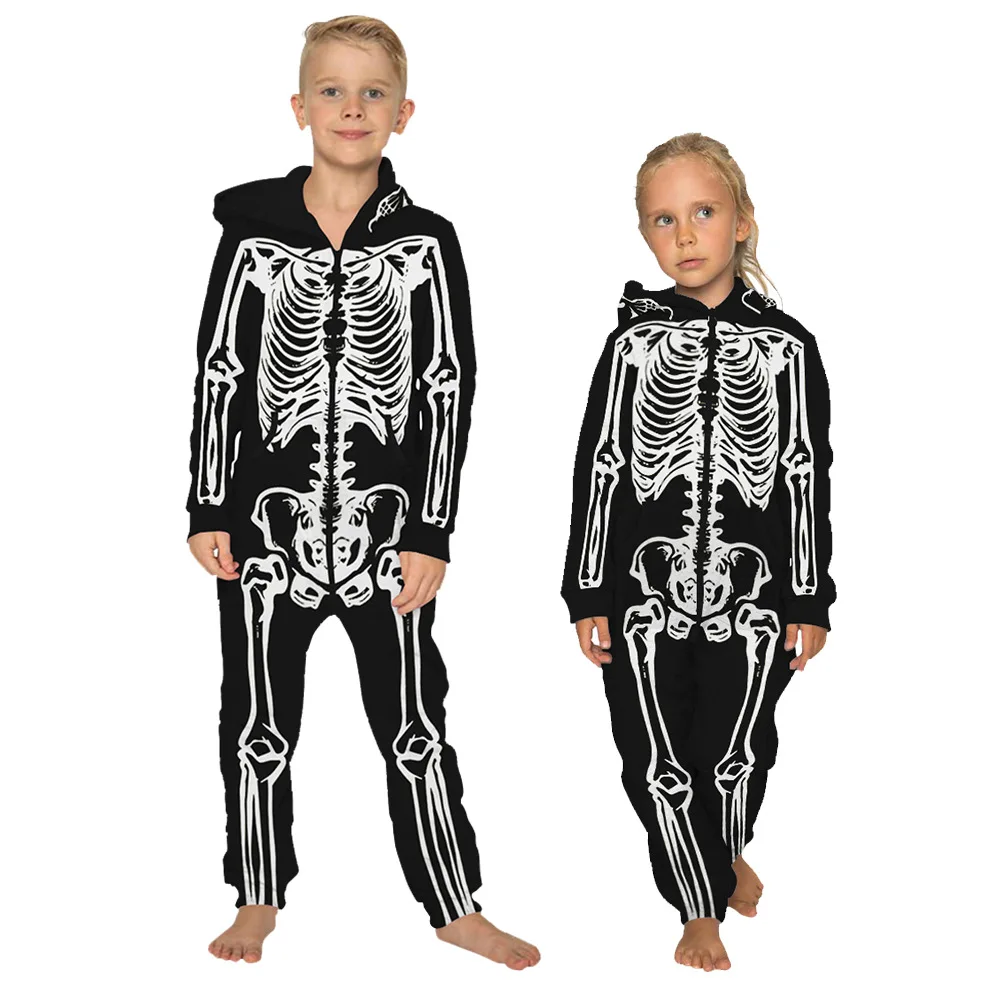 

Бархатный комбинезон для мальчиков и девочек с длинными рукавами и 3D-принтом черепа, на молнии, с капюшоном, костюм для Хэллоуина и детской в...