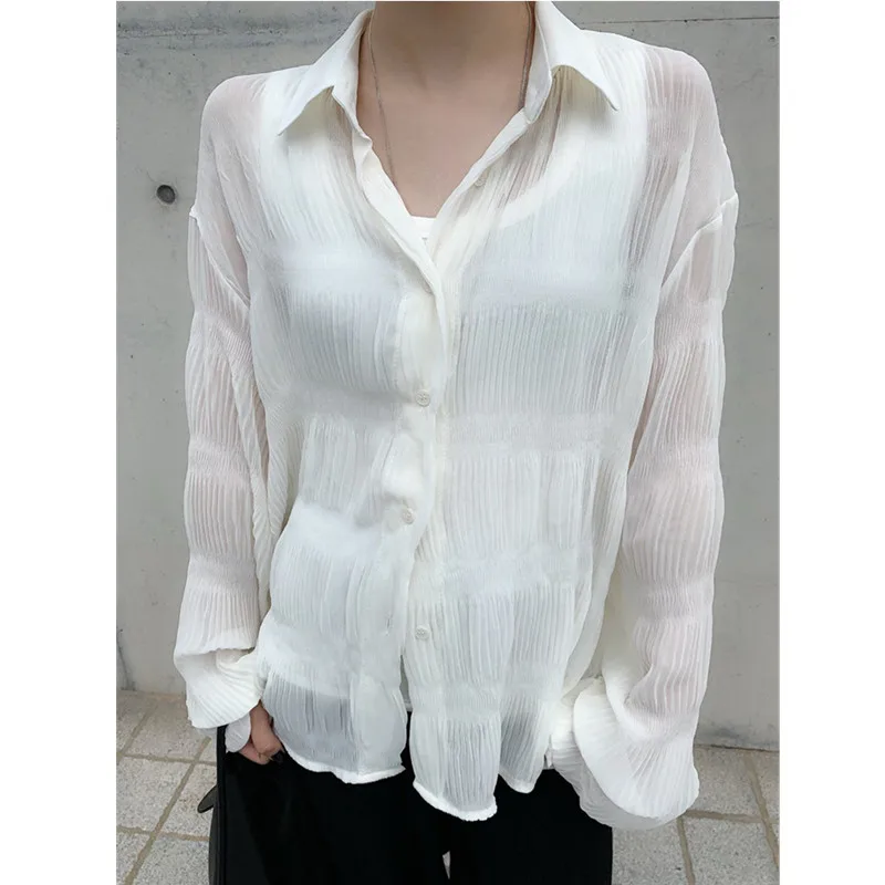 

Mazefeng Women Blouses Shirts 2020 Spring Summer Transparent Fashion Elegant Casual Office Ladies Chiffon Tops One Size White