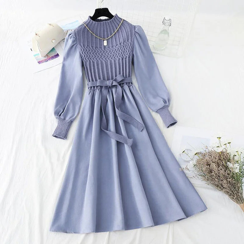 

2021 Elegant Solid Women Dress Fashion Korean Half high collar Puff Sleeve Splice Knit Dresses Autumn Vintage Corduroy Dress
