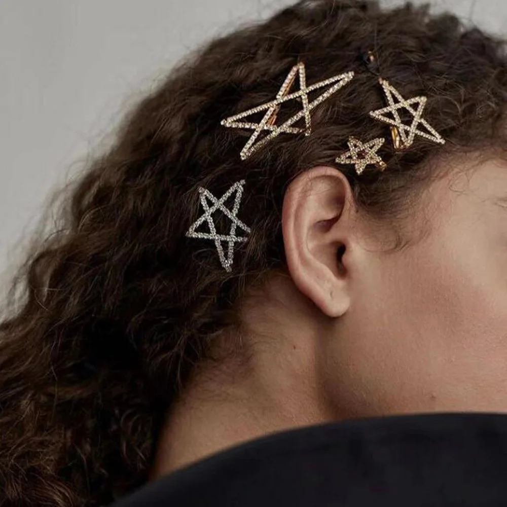 Korean Shiny Crystal Rhinestones Hairpins Barrettes Women Five Star Round Heart Shape Hair Clips Sweet Jewelry Accessories | Украшения и