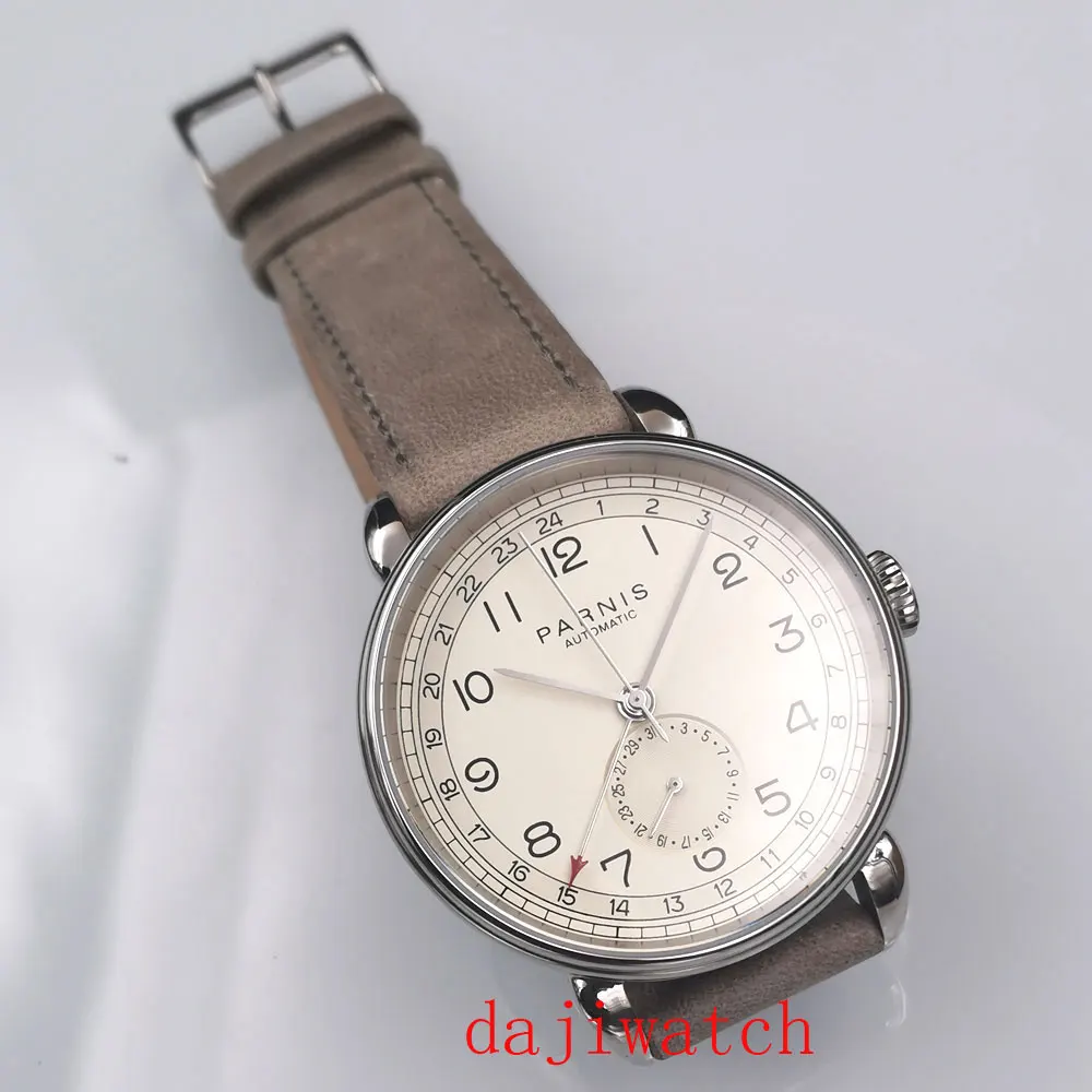 Мужские автоматические механические часы Parnis 42 мм GMT с серебристым ремешком