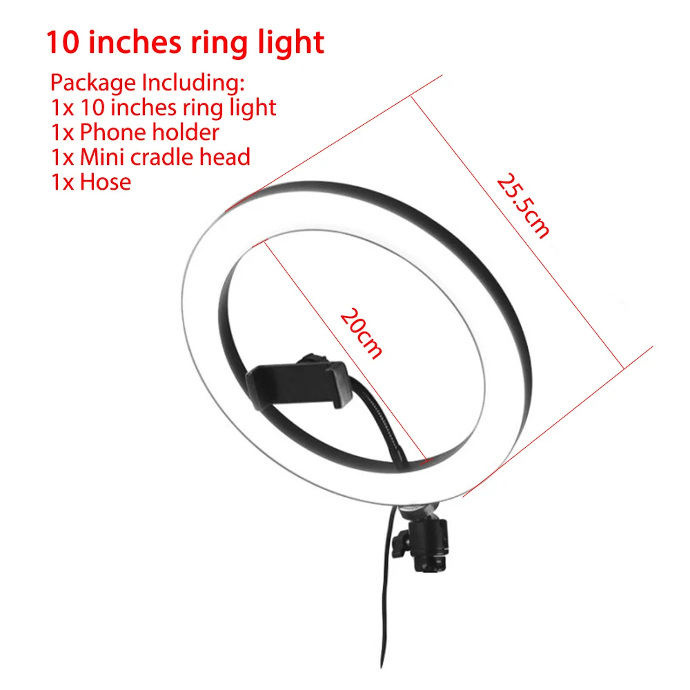10 inch ring light Capsaver 6 дюймов 20 см 26 см светодиодный светильник для селфи кольцевые лампы с регулируемой яркостью для макияжа кольцевая лампа USB кольцо с фотографией светильник для видео Youtube Live - Цвет: 10 inch ring light