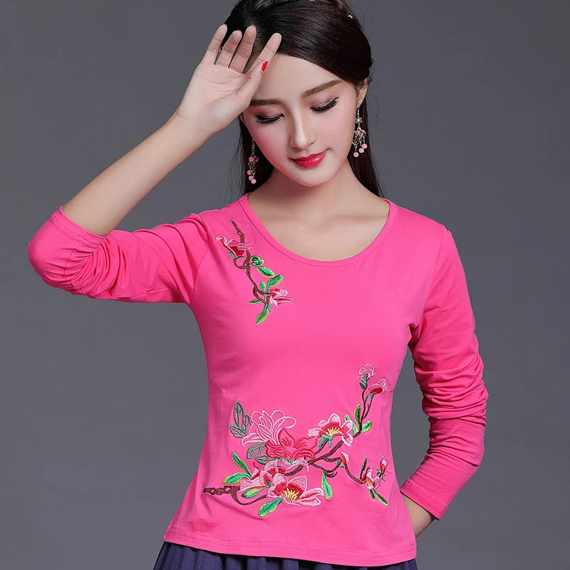 

Chinese Style Embroidery T-shirt Top Tee Vintage Woman Clothes T Shirt Women Autumn Spring Plus Size 5XL Office Lady O-Neck