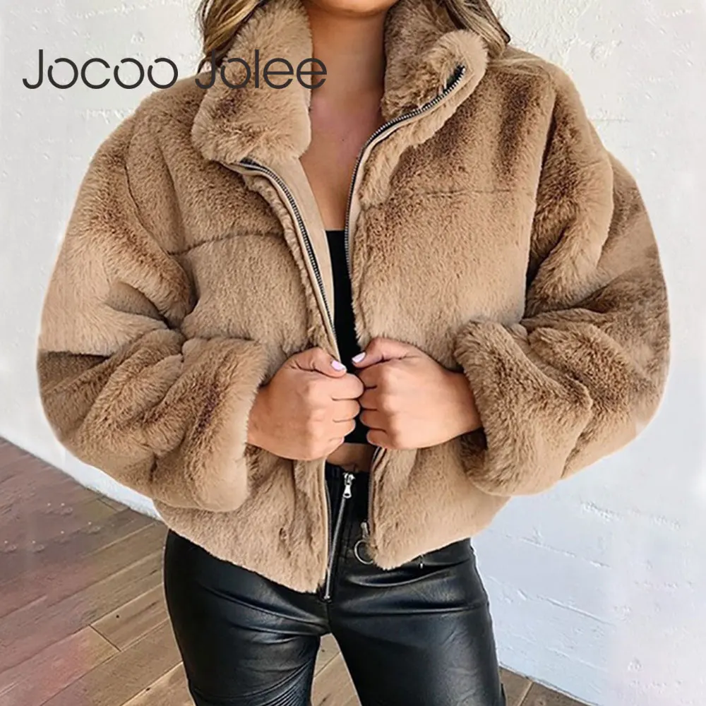 Jocoo Jolee Elegant Plush Crop Jacket Women Casual Faux Fur Coat Winter Tuerleneck Zipper Thicken Warm Outwear Vintage Cardigan