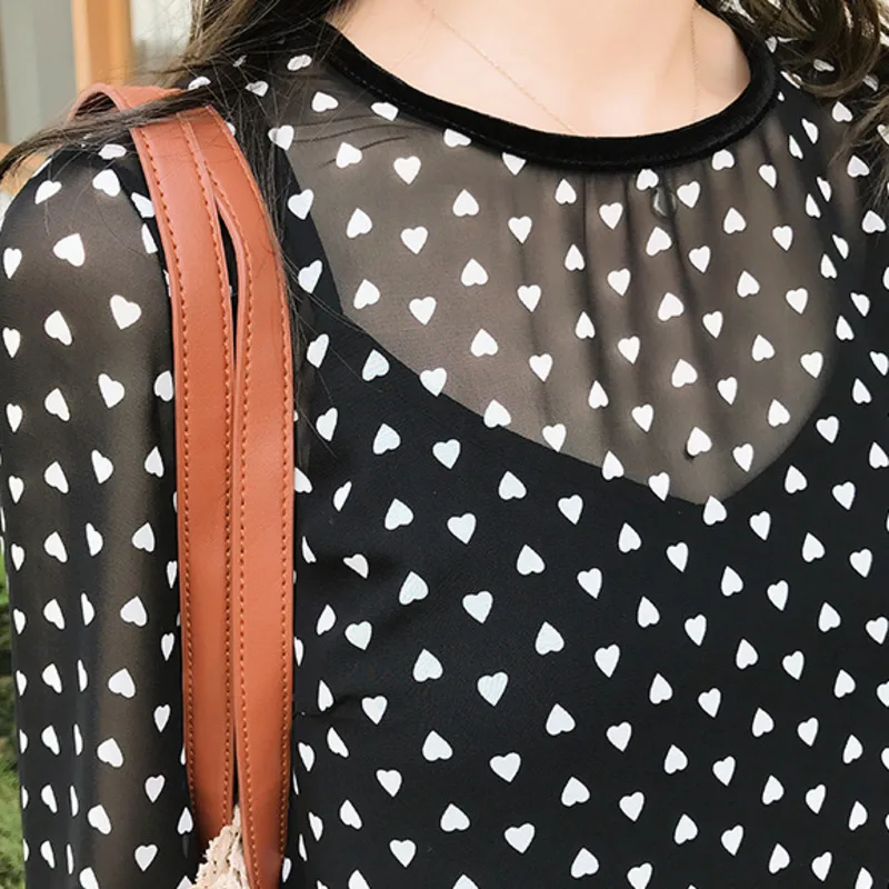 LANMREM Черное женское шифоновое платье с круглым вырезом и длинным рукавом принтом