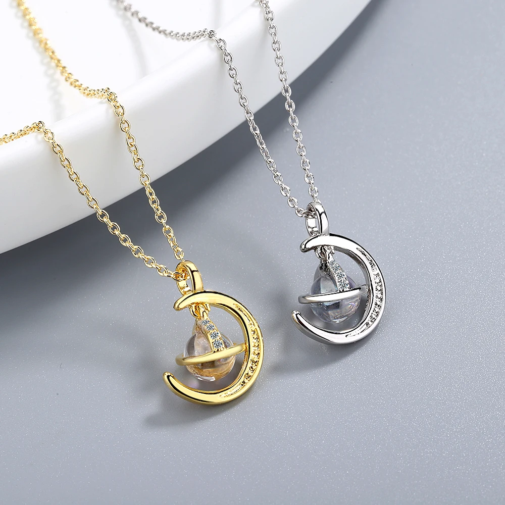

925 Sterling Silver Gold Moon Necklace Fantastic Round Universe Planet Pendant Necklace Jewelry For Women Gifts Wholesale S-N504