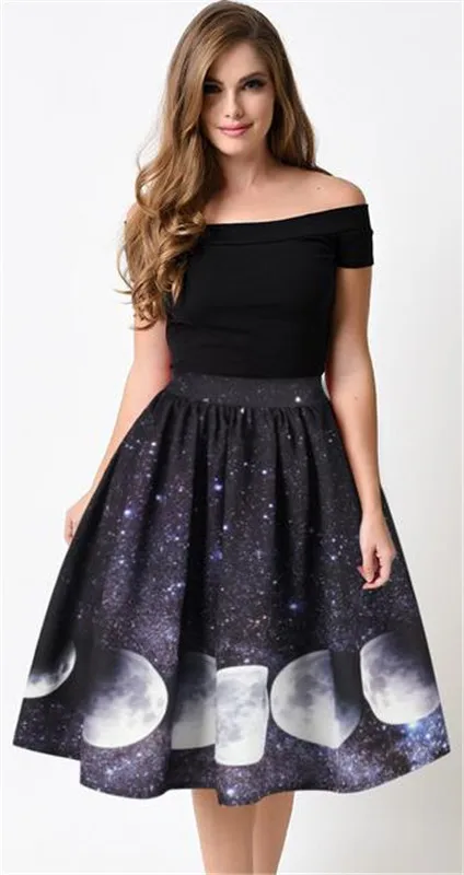 Винтажная юбка в стиле Хепберн черная средней длины с принтом луны и звезд пышная