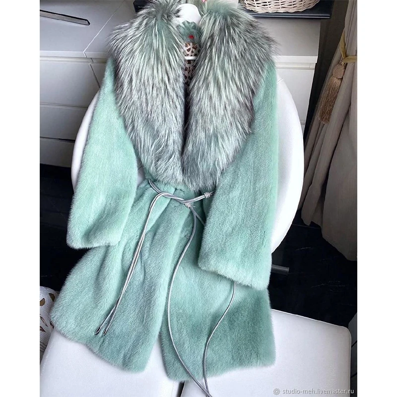 FURSARCAR 2021 Luxurious New Real Natrual Mink Fur Jacket With Collar Women Winter Fashion Design Long Mink Fur Coat Thick