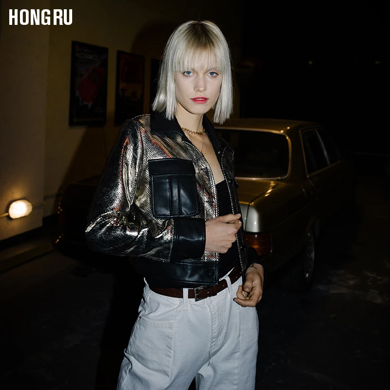 Весенняя кожаная куртка в стиле локомотива женская короткая Серебристая уличная