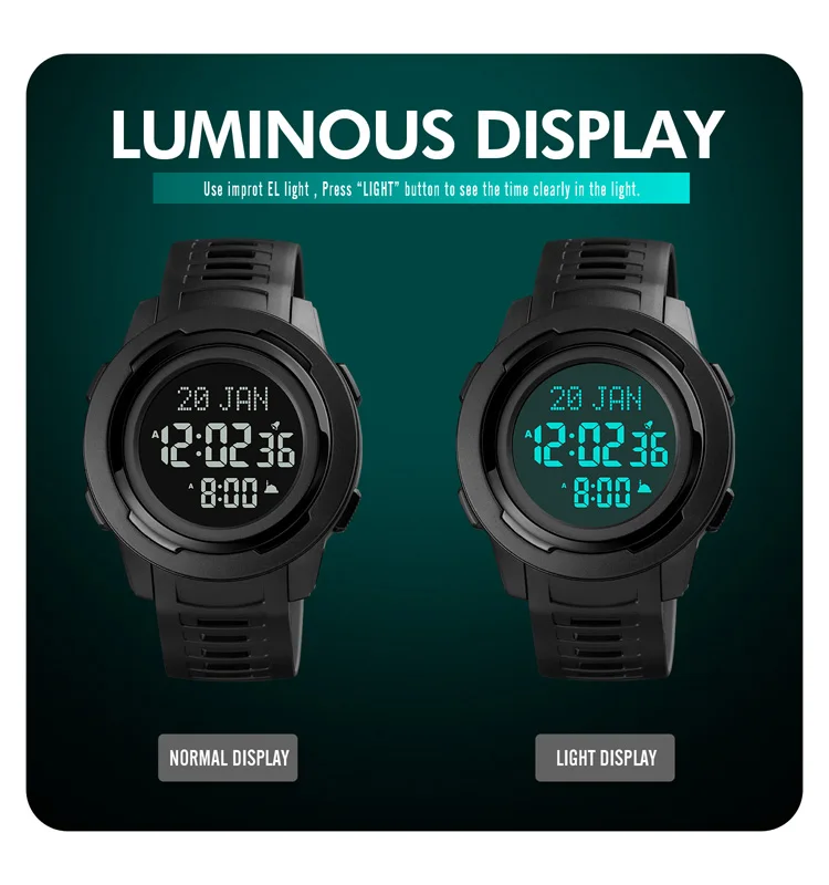 

SKMEI Men's Watch Qibla Nmane Display Electronic 5Bar Waterproof Digital Alarm Clock LED Healthy Male Sport Watch reloj 1729