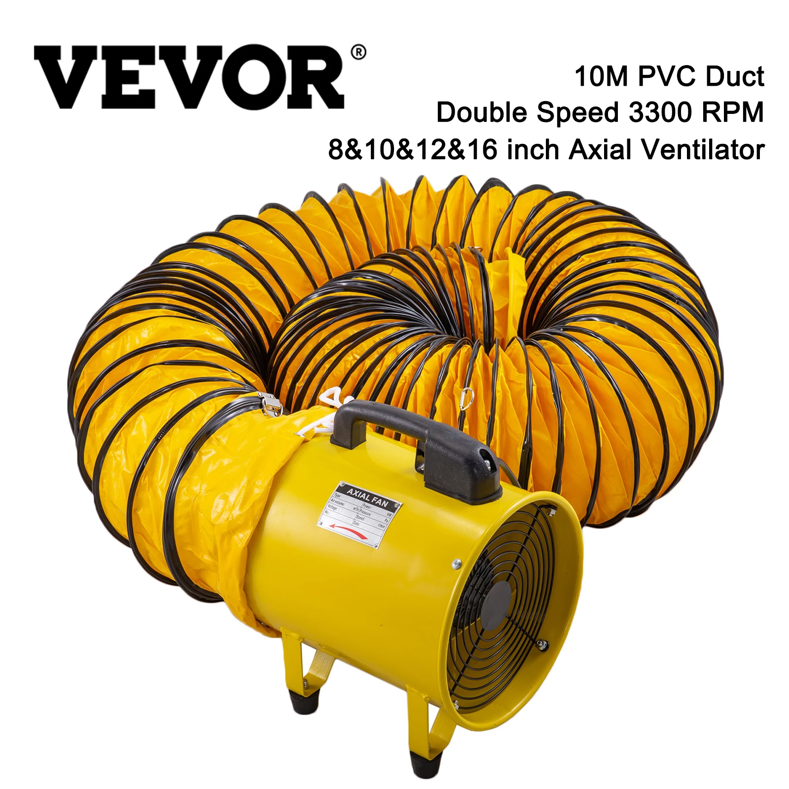 

VEVOR 8" 10" 12" 16" Industrial Axial Ventilator Double Speed Portable Air Blower Fan 10M Duct High Velocity tunnel Ventilation