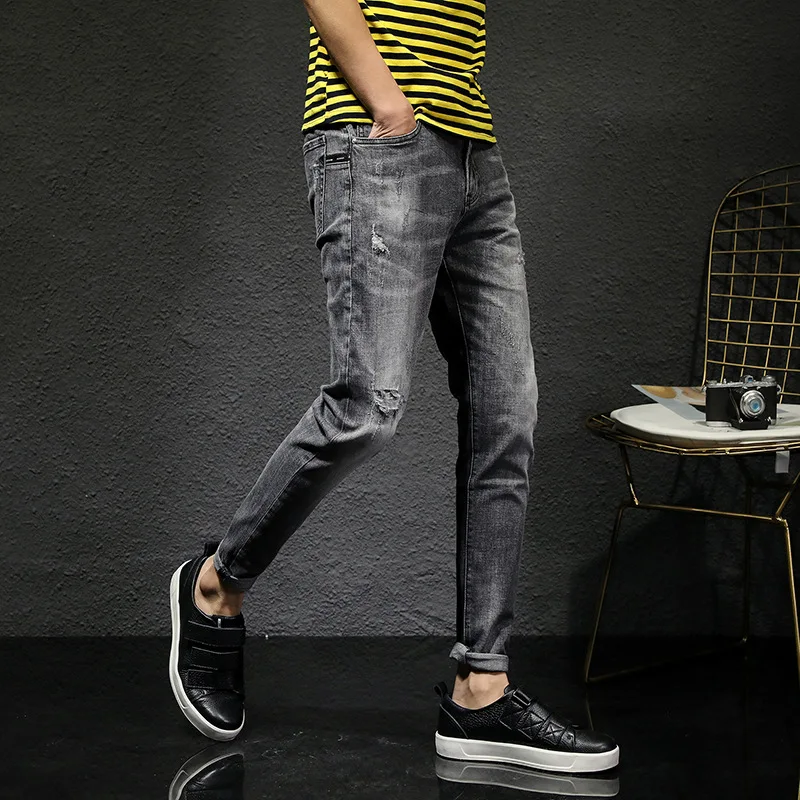 Summer New Men's Jeans Hole Slim Stretch Thin feet pants Fashion Korean Style Straight Casual trousers Streetwear | Мужская одежда