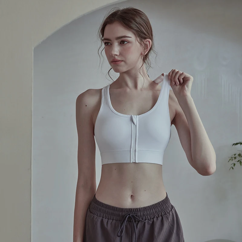 Women Sports Bras Tights Crop Top Cross Back Yoga Vest Front Zipper Shockproof Underwear Gym Push Up Fitness Athletic Brassiere