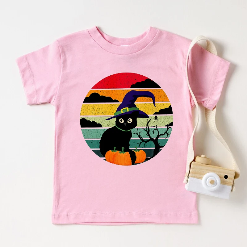 Camiseta de Halloween Kawaii Creepy Cat paz amor oto&ntilde;o PumpkinT-Shit Vintage, ropa para ni&ntilde;a 2022-5