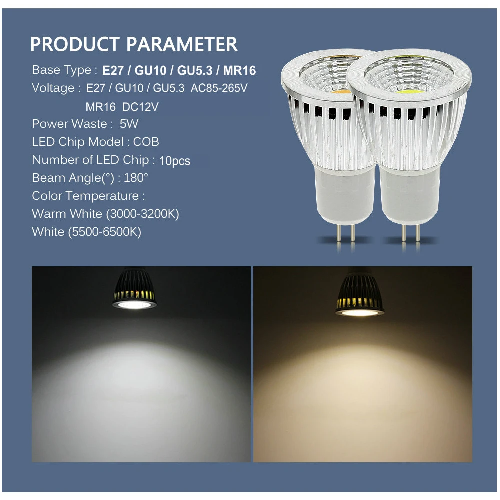 

LED Spotlight E27 GU10 GU5.3 AC85-265V / MR16 12V High Brightness COB 5W White / Warm White Lighting Bulb.