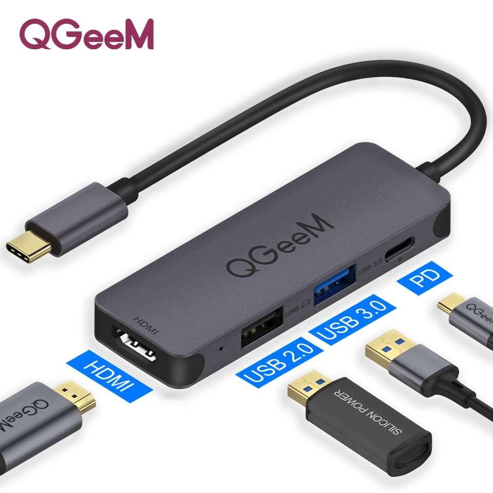 4 IN 1 HUB QGeeM 7в1 USB C концентратор huawei P20 mate 20 Pro type C usb-хаб USB-C до 3.0Hub HDMI кардридер Thunderbolt3 адаптер для MacBook Pro - Цвет: 4 IN 1 HUB