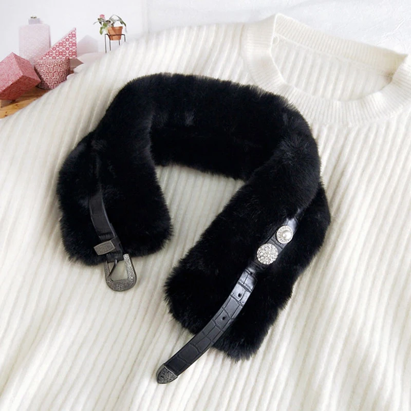 

Winter Plush Scarves Neck Warmer Imitation Fur Faux Fur Loop Scarf Leather Belt Buckle Thicken Neck Collar Shawl Solid Color