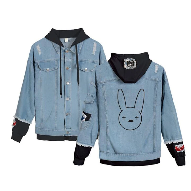 

Rapper Bad Bunny Hooded Denim Jacket Women Men Fashion Single Breasted Pocket Plus Size Vintage Streetwear Jeans Coat Female