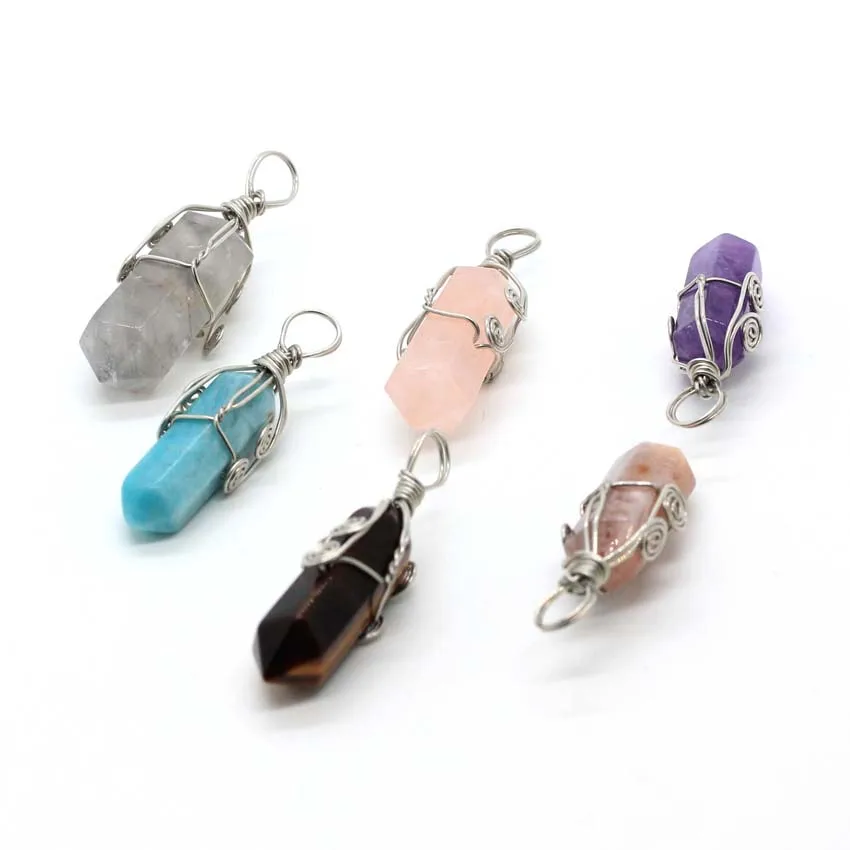 

LXJ Natural Crystal Quartz Stone Wire Wrap Rock Crystal Amethyst Rose Quaytz Cloud crystal cherry agate pendant necklace Jewelry