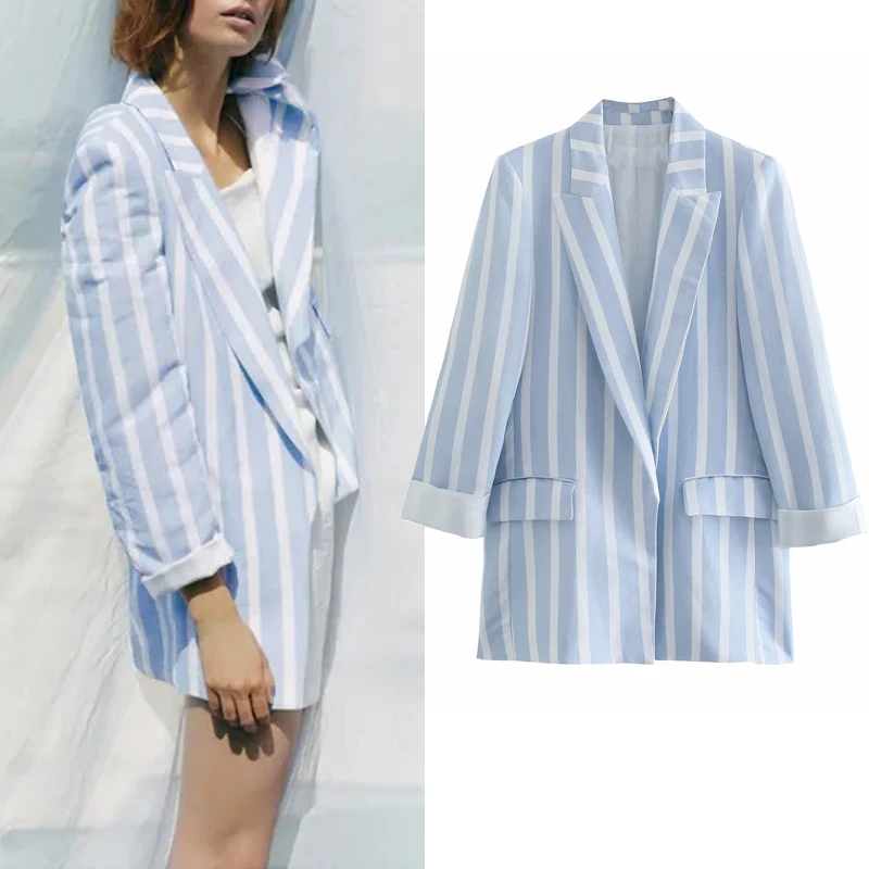 

Костюм брючный женский летний голубой в полоску, с длинным рукавом