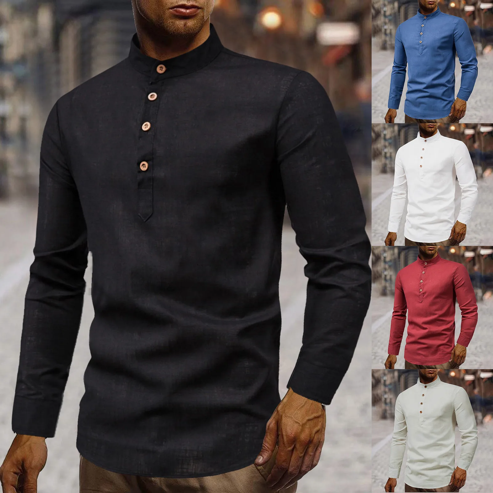 

Solid Shirt Collar Casual Men's Stand-Up And Linen Color Cotton Long-Sleeved Men Shirts