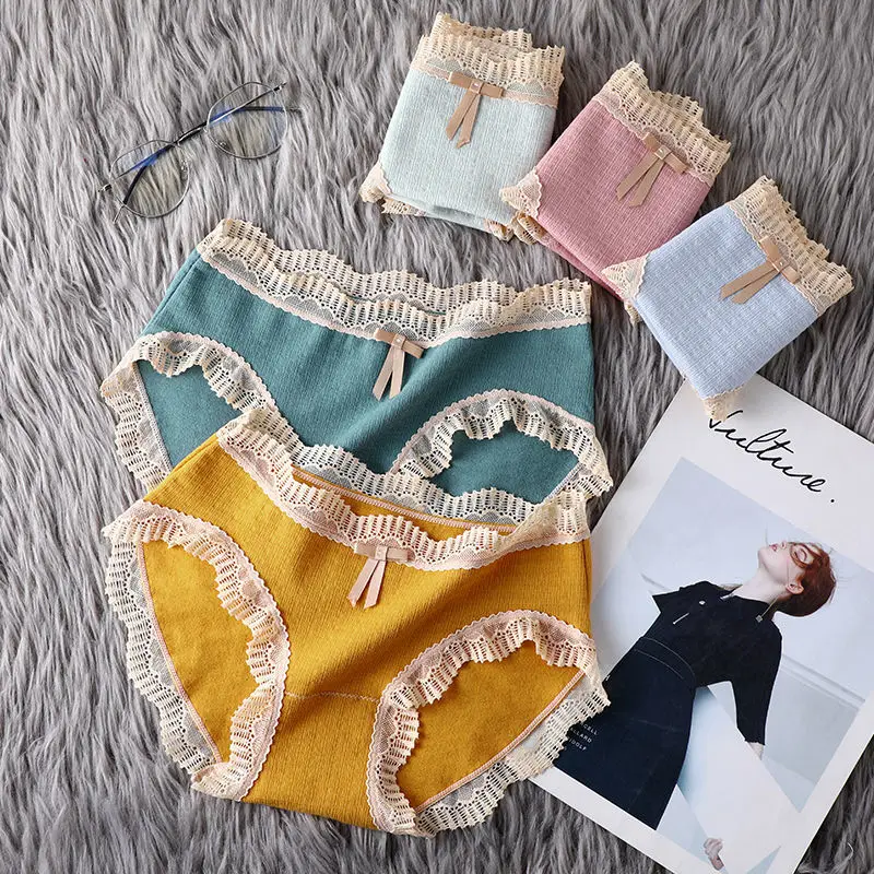 2/3/4pcs Girls Cotton Underwear Cute Lace Bow Soft Breathable Panties Solid Color Middle Waist Briefs Intimates Women Lingerie | Женская