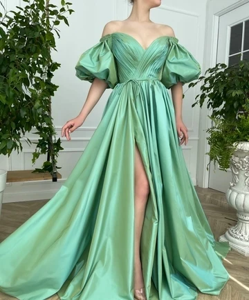 

Зеленое Плиссированное атласное платье BridalAffair для выпускного вечера, с коротким рукавом-фонариком, с сердечком, ярко-блестящее вечернее пл...