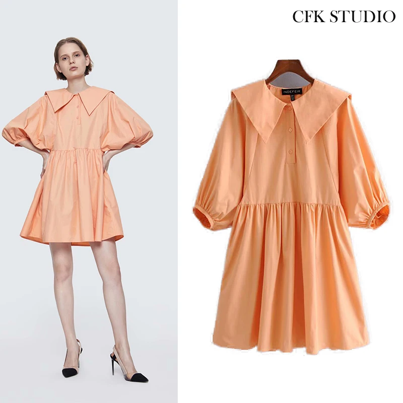 Женское мини платье с круглым воротником Za оранжевое однотонное свободное