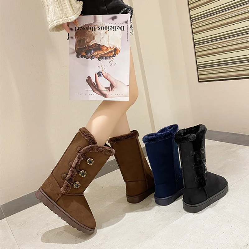 

Women 2022 Winter New Keep Warm High Tube Shoes Woman Winter Plush Button Snow Boots Heels Plus Size 36-42 Zapatillas De Mujer