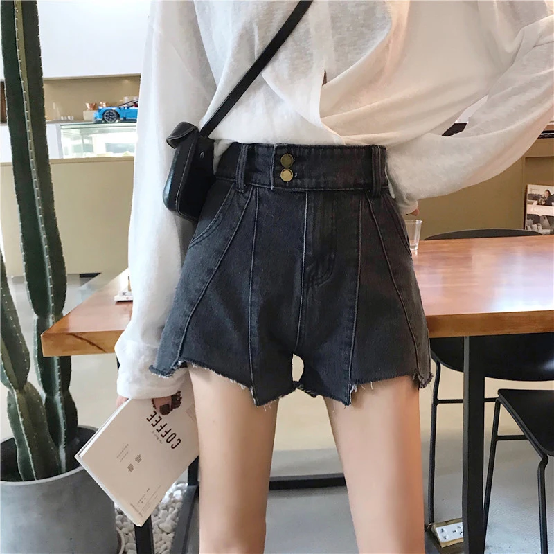 

Дизайнерские джинсовые шорты для женщин, новинка на лето в Корейском стиле, модные облегающие Асимметричные широкие брюки А-силуэта с высок...