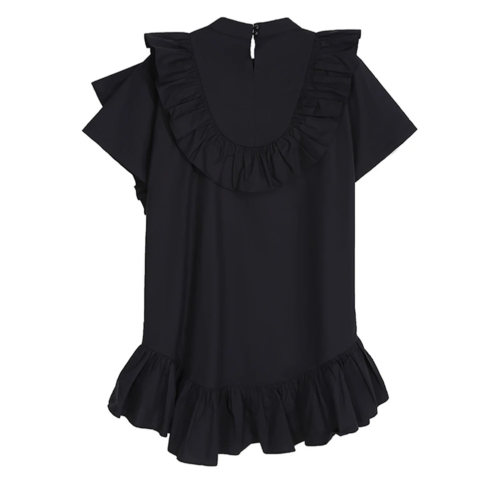 

YUANYUANJYCO Summer Blouses Women Casual Ruffles Short Sleeve Women Tops Vintage Elegant Asymmetrical office clothes women