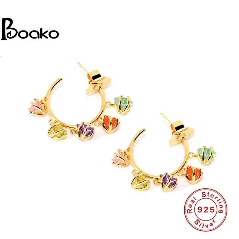

BOAKO Pendientes Plata 925 Earrings For Women Colorful Stone Stud Earrings Gold/Silver Jewelry Ear Piercing Gift #3.7