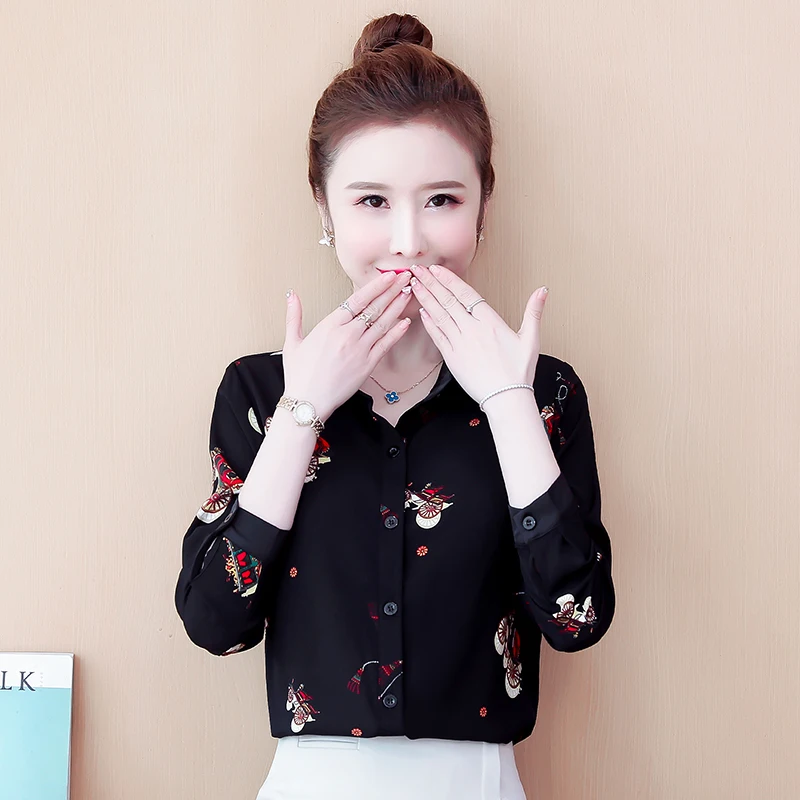 

Chiffon Slim Women's Shirts New Fashion Blouses Printing Button Polo Shirts Summer Casual Long Sleeve Blusas Houthion