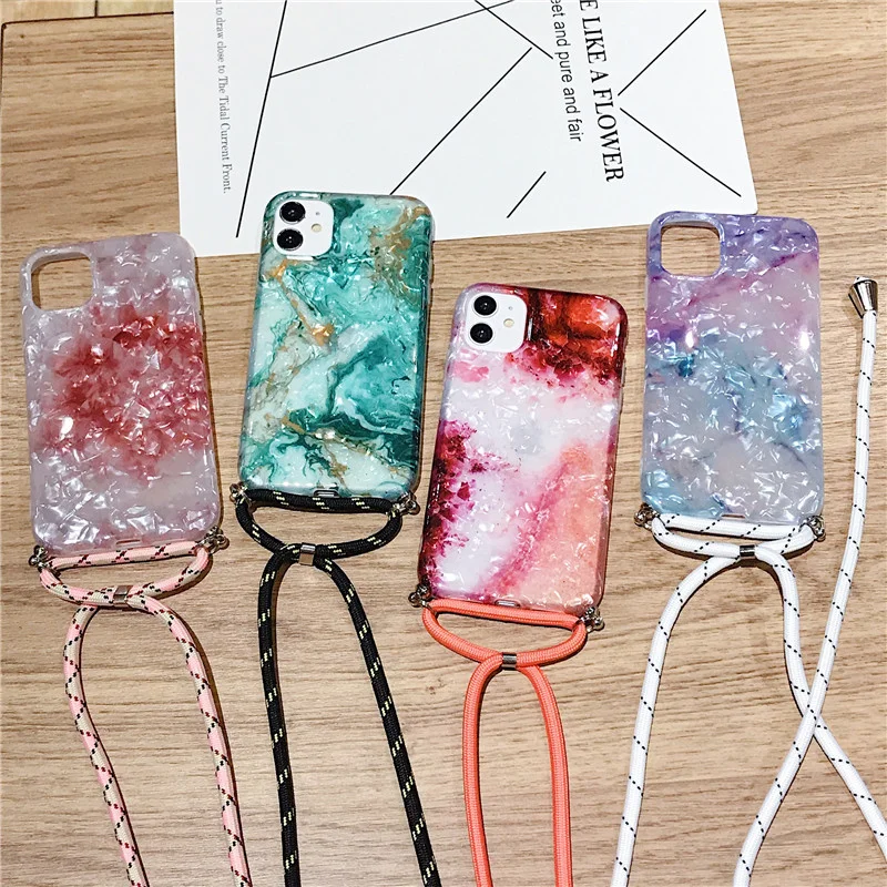 

Marble Necklace Strap Rope Phone Case For IPhone 12 11Pro 11 Pro Max XR XS Max 7 8 Plus SE 2020 Lanyard Neck Cord Shell Cover